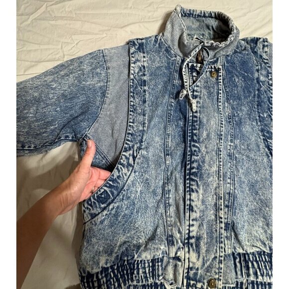 Vintage 80's Acid Wash Denim Bomber Jacket With Ribbed Hem Unisex 18W Distressed - Picture 5 of 11